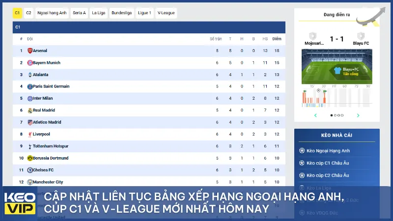 Cập nhật liên tục bảng xếp hạng Ngoại Hạng Anh, Cúp C1 và V-League mới nhất hôm nay