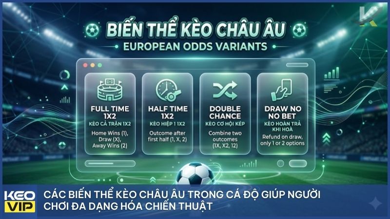 Tổng hợp các biến thể kèo Châu Âu trong cá độ như Double Chance, hiệp 1 giúp người chơi đa dạng hóa chiến thuật tại kèo nhà cái 5