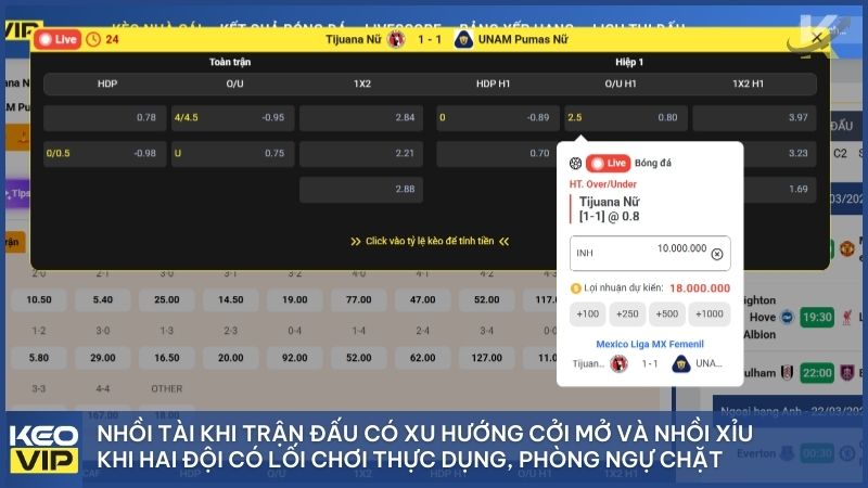 Áp dụng chiến thuật nhồi Tài hoặc nhồi Xỉu dựa trên biến động tỷ lệ cá cược bóng đá thực tế.